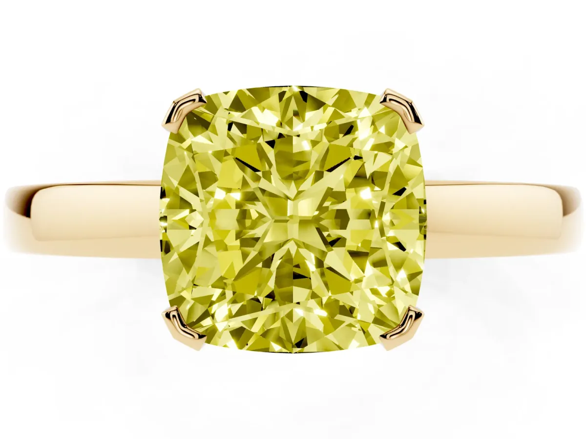 Fancy Yellow Cushion Cut Cut Solitaire Ring with Four-Prong Setting and Classic Band Yellow gold
