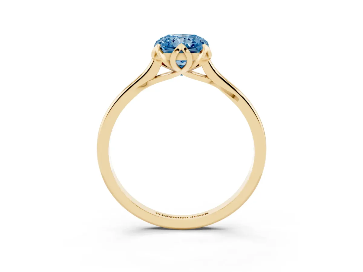 Fancy Blue Radiant Cut Diamond Solitaire Ring with Flower Prong Setting and Classic Band Yellow gold