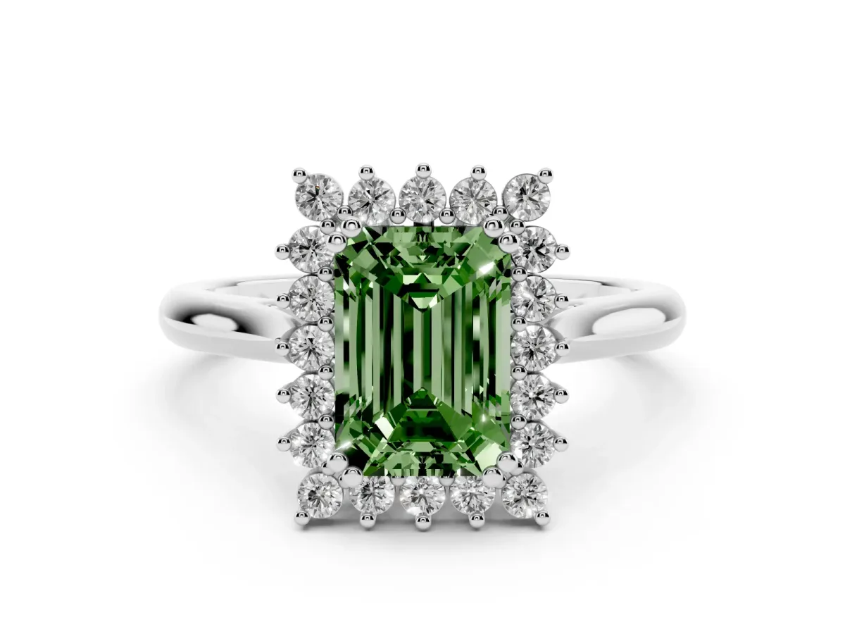 Fancy Green Emerald Cut Cut Diamond Halo Ring with Solitaire Band and Prong Setting Silver