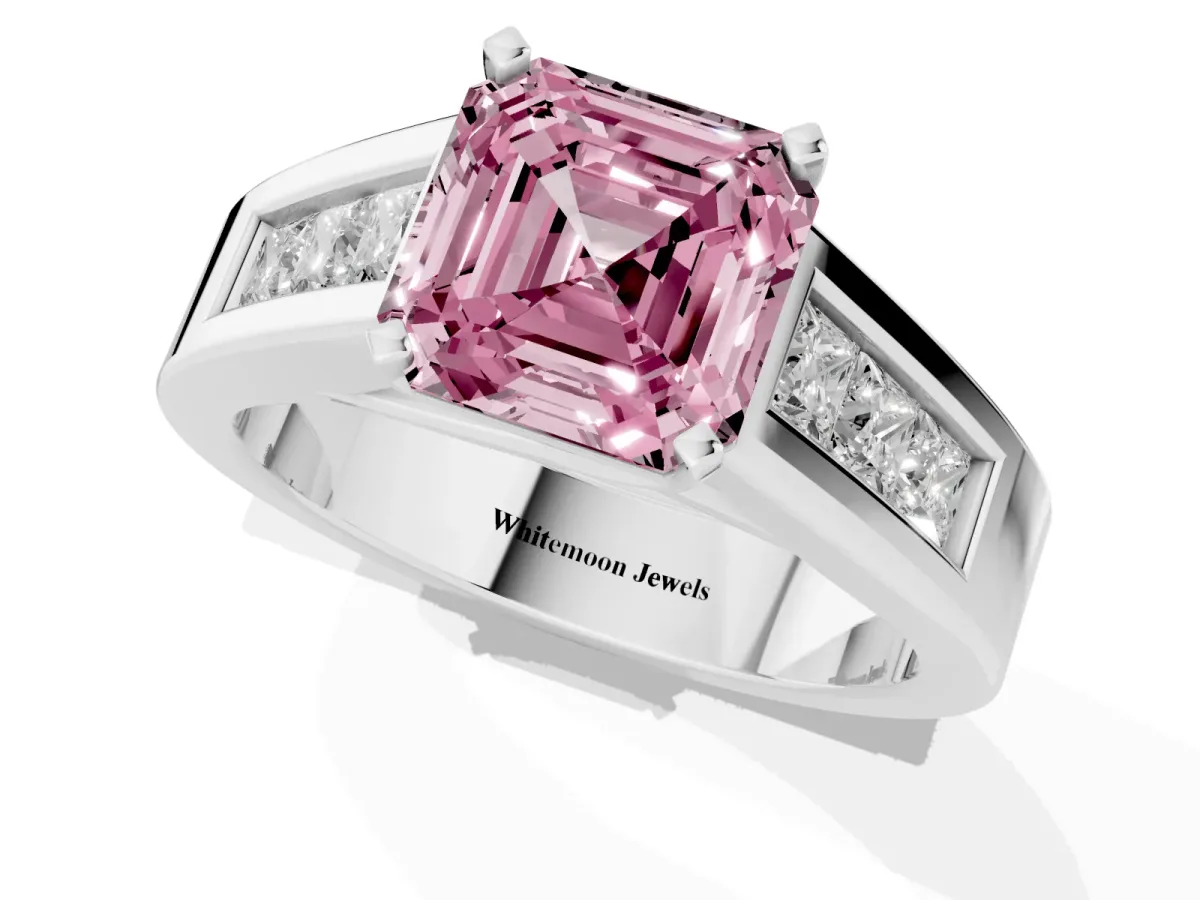 Fancy Pink Asscher Cut Cut Channel Set Solitaire Ring with Four-Prong Setting Silver