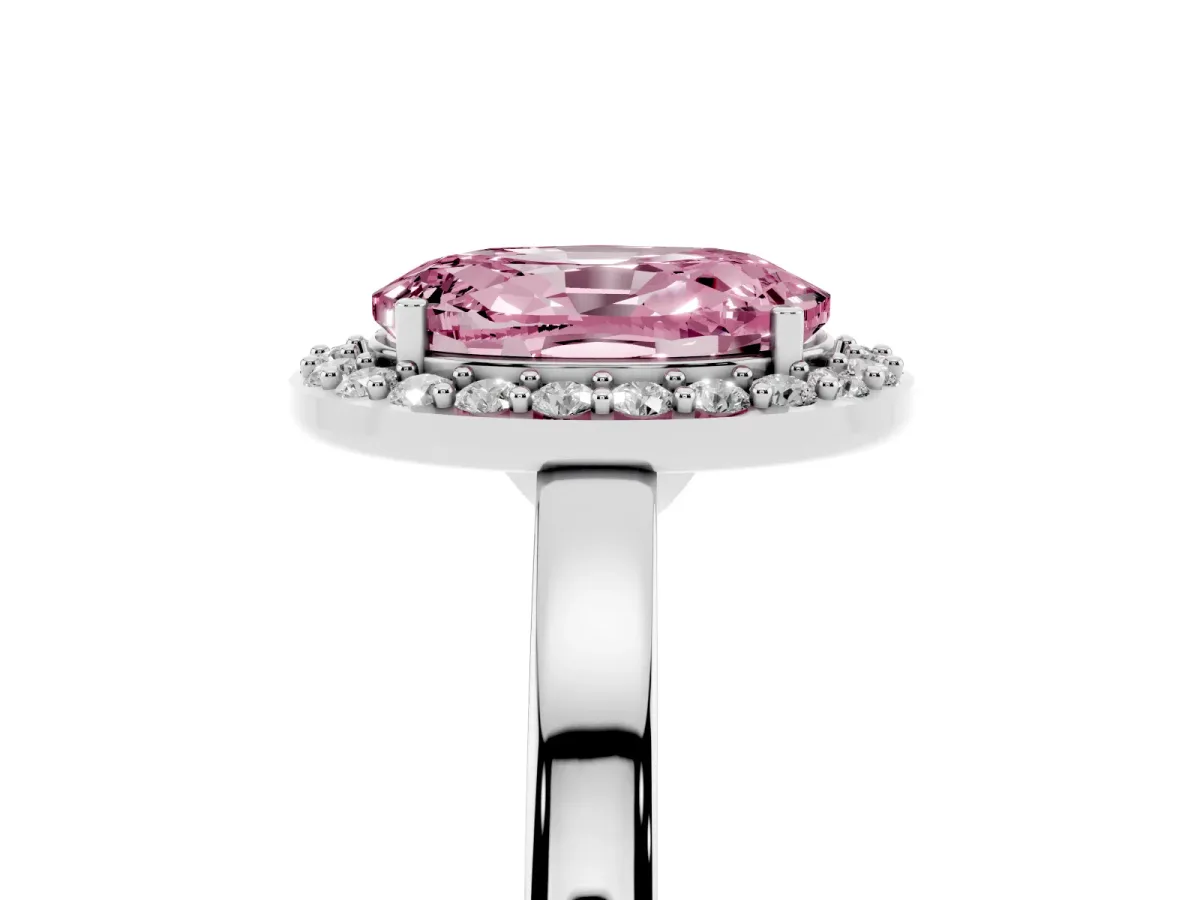 Fancy Pink Oval Cut Halo Diamond Ring with Solitaire Band and Prong Setting Silver