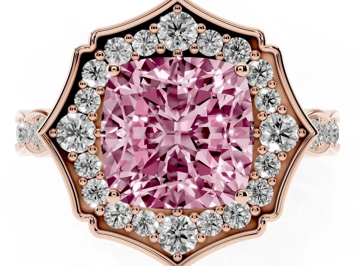 Fancy Pink Cushion Cut Halo Diamond Engagement Ring with Milgrain Band and Four-Prong Setting Rose gold