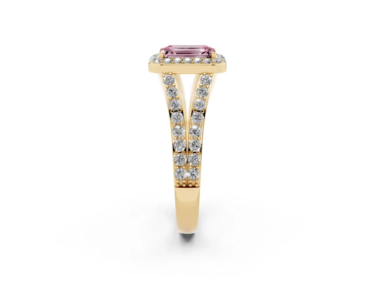 Fancy Pink Emerald Cut Diamond Split Shank Halo Ring with Four-Prong Setting Yellow gold