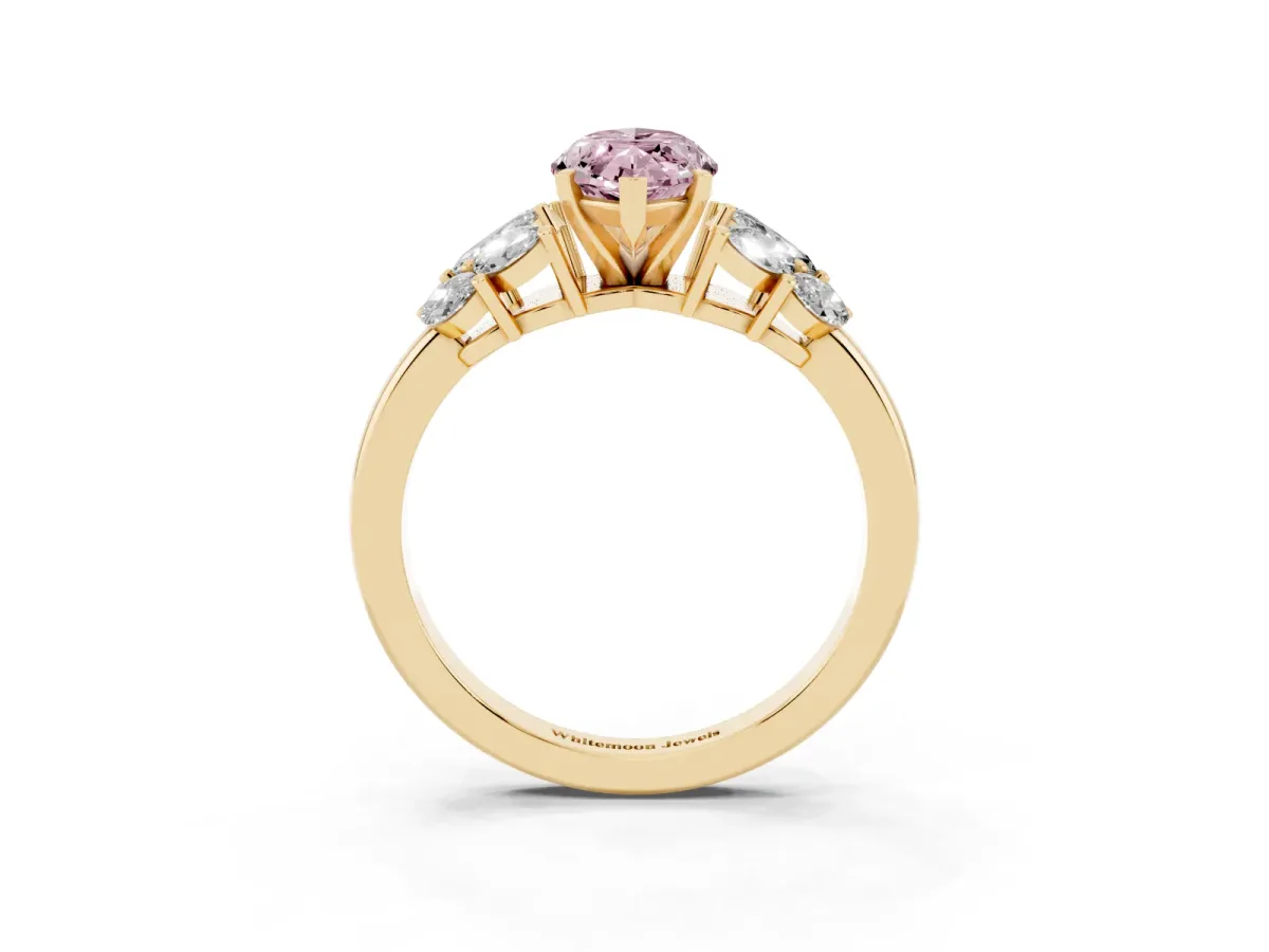 Fancy Pink Marquise Cut Diamond Cluster Leaf Design Ring with Prong Setting Yellow gold