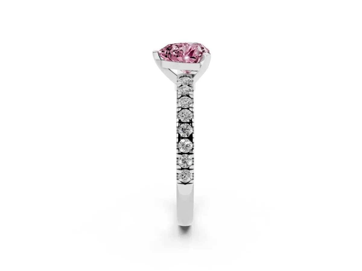 Fancy Pink Heart Cut Solitaire Diamond with Pavé Band and Four-Prong Setting White gold