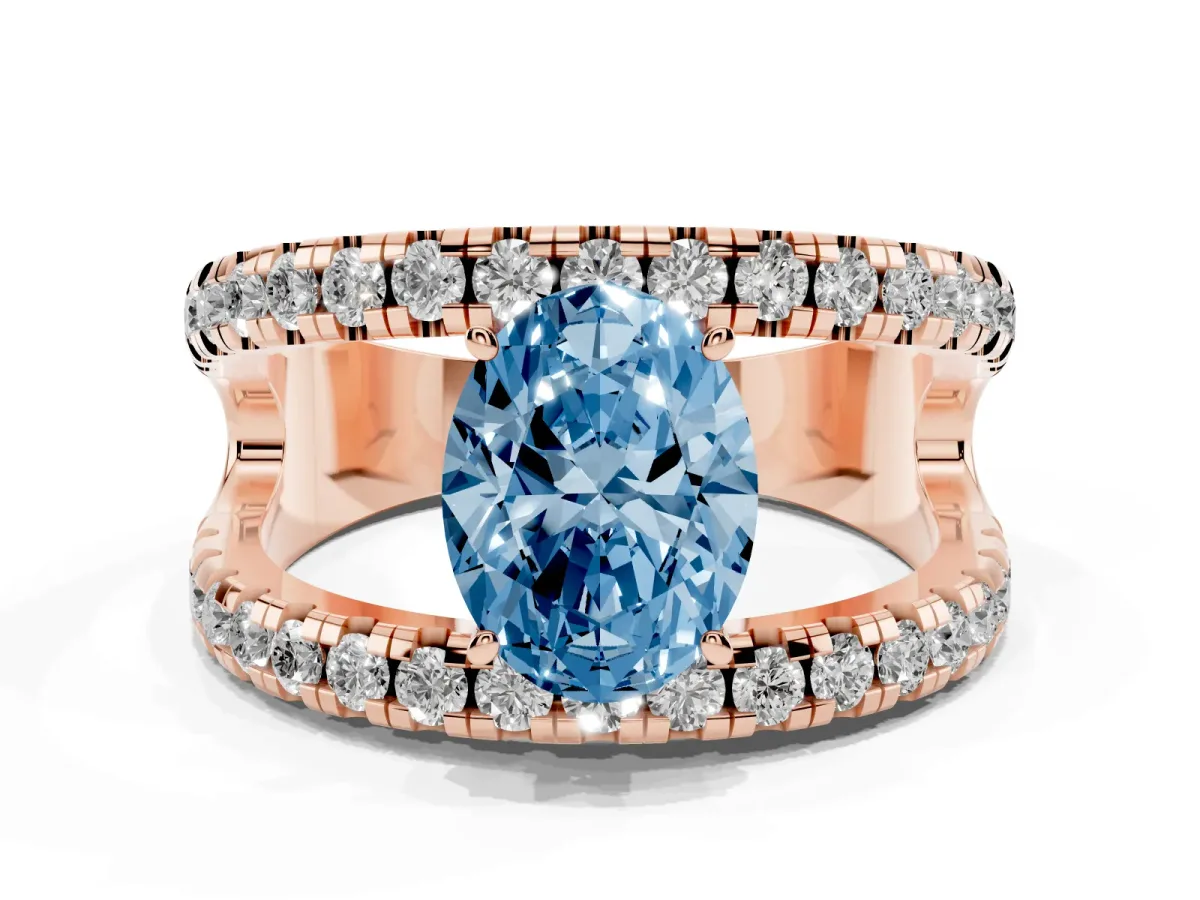 Fancy Blue Oval Cut Solitaire Split Shank Pave Diamond Ring Rose gold