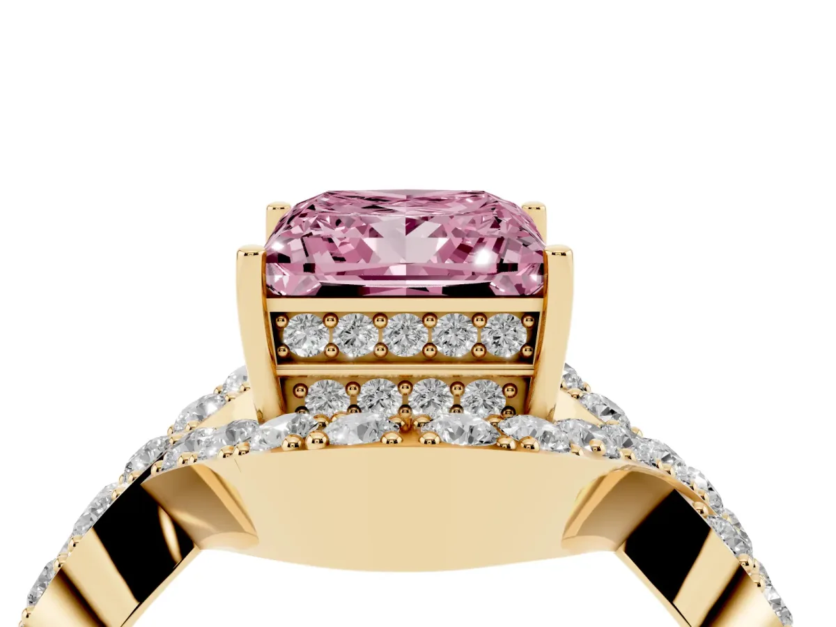 Fancy Pink Princess Cut Solitaire Twist Band Pavé Diamond Engagement Ring Yellow gold