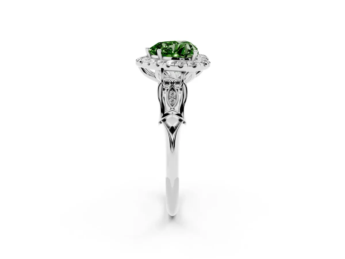 Fancy Green Heart Cut Halo Diamond Engagement Ring with Filigree Band and Four-Prong Setting Silver
