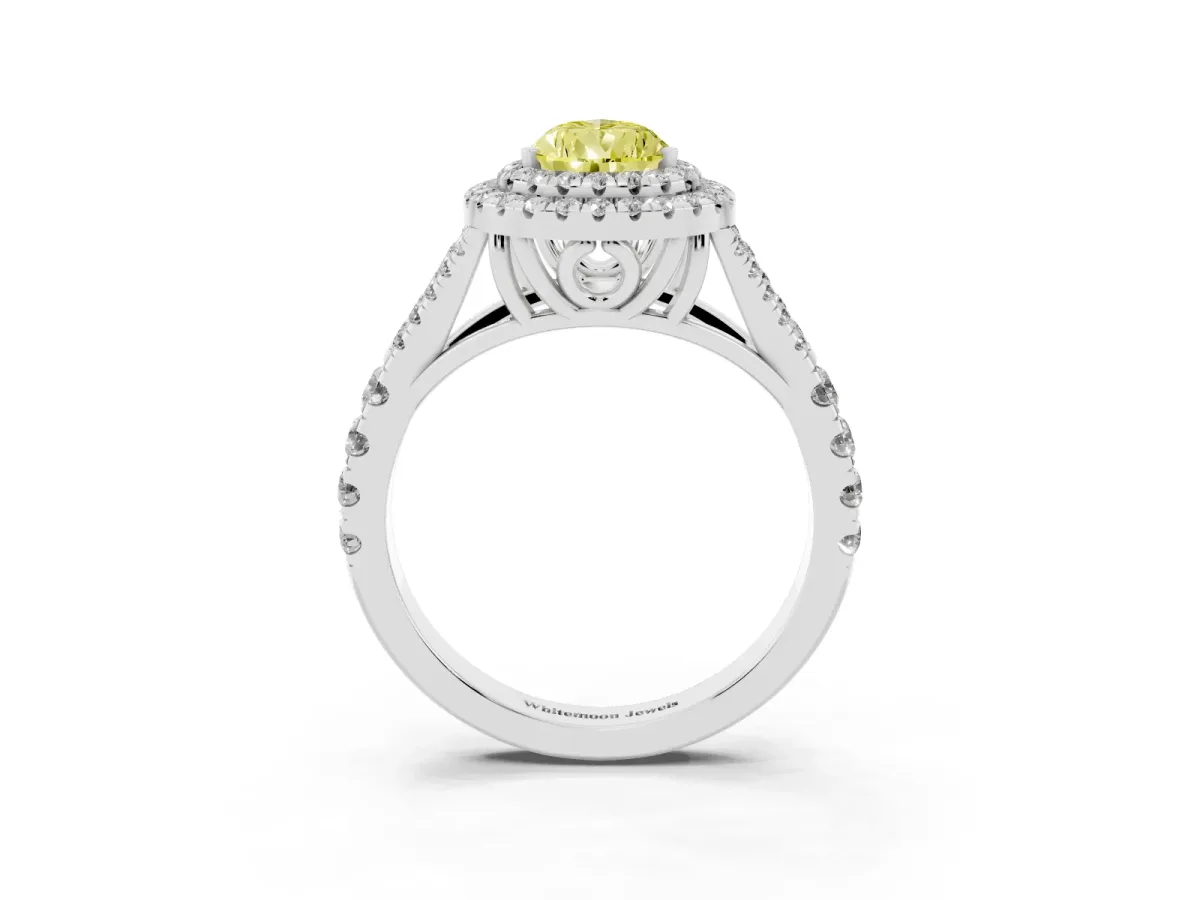 Fancy Yellow Pear Cut Diamond Double Halo Ring with Split Shank and Prong Setting Platinum