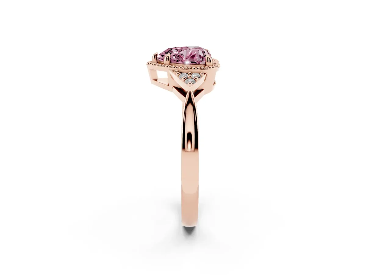 Fancy Pink Milgrain Heart Cut Cut Diamond Ring with Tapered Pave Band and Four Prong Setting Rose gold