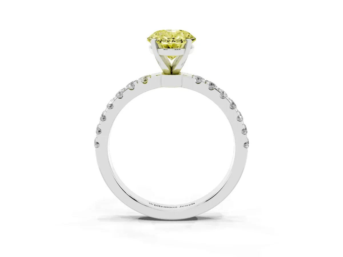 Fancy Yellow Oval Cut Diamond Solitaire Ring with Pavé Accents and Four-Prong Setting White gold