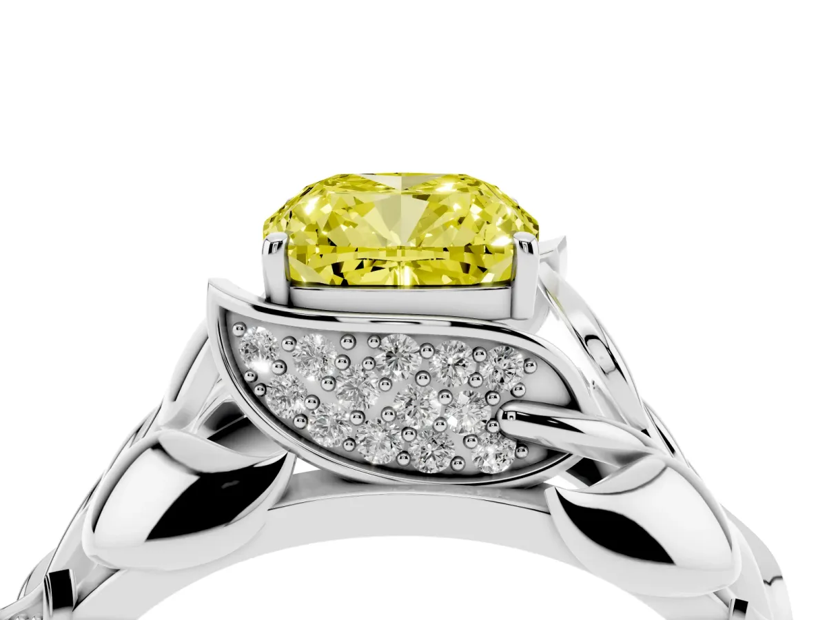 Fancy Yellow Cushion Cut Diamond Leaf-Inspired Engagement Ring with Round Accents and Prong Setting Platinum
