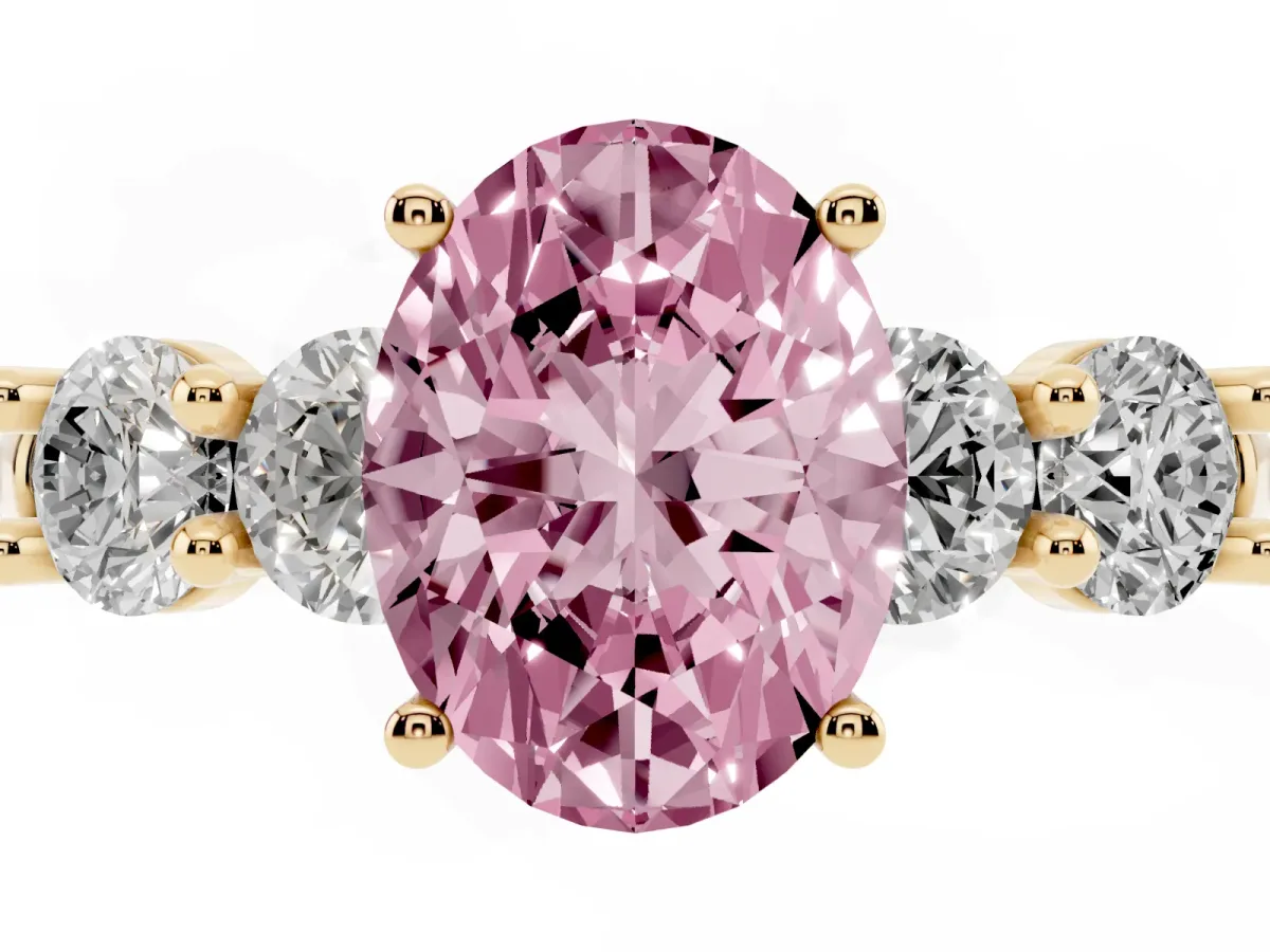 Fancy Pink Oval Cut Cut Five-Stone Prong Set Diamond Ring with Classic Band Yellow gold