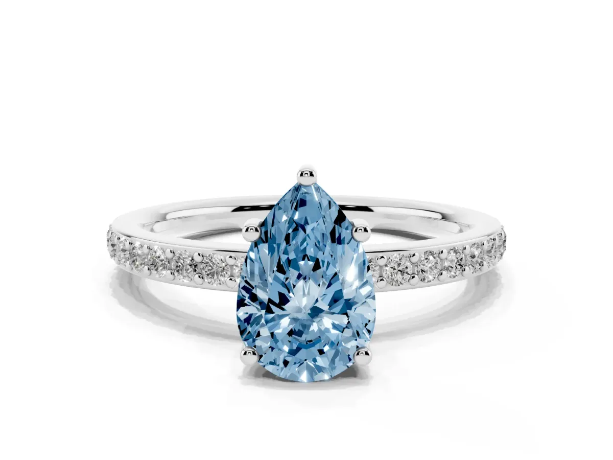 Fancy Blue Pear Cut Cut Diamond Pavé Band Ring with Four-Prong Setting Platinum
