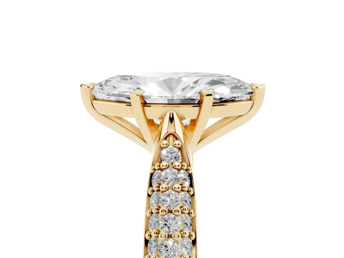 Marquise Cut Diamond Solitaire Engagement Ring with Multi-Row Round Pavé Band and Prong Setting Yellow gold