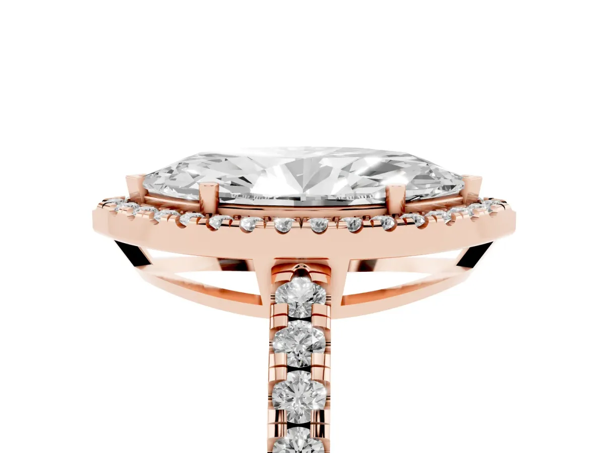 Marquise Cut Diamond Halo Ring with Pavé Band and Four-Prong Setting Rose gold