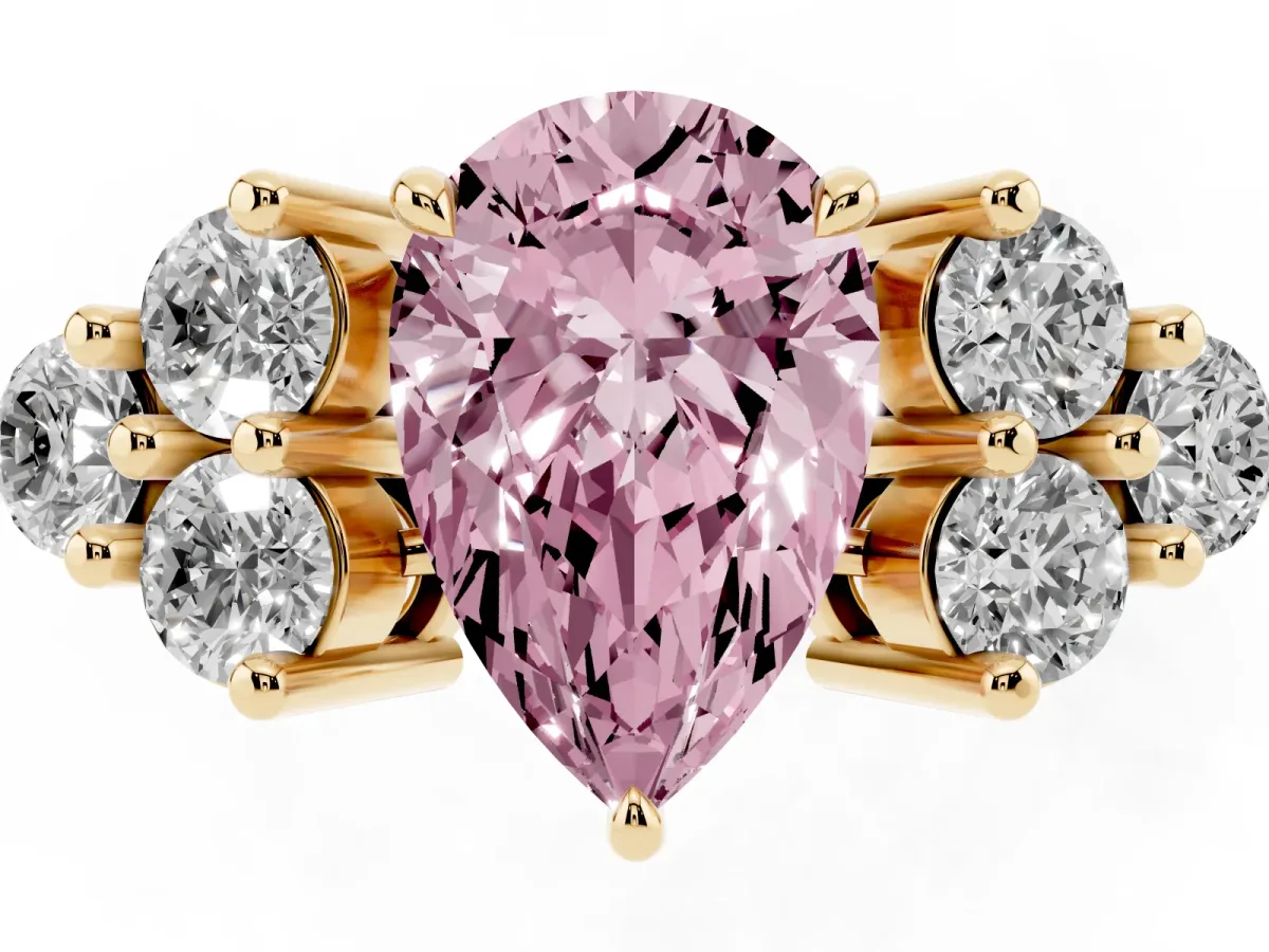 Fancy Pink Pear Cut Brilliant Diamond Cluster Accent Solitaire Ring with Prong Setting Yellow gold