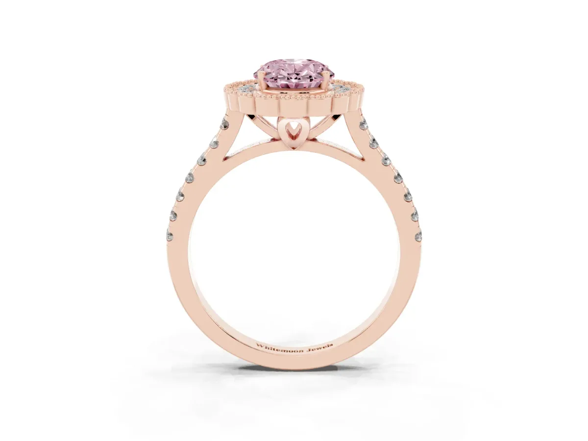 Fancy Pink Oval Cut Cut Diamond Milgrain Floral Halo Engagement Ring with Pavé Band Rose gold