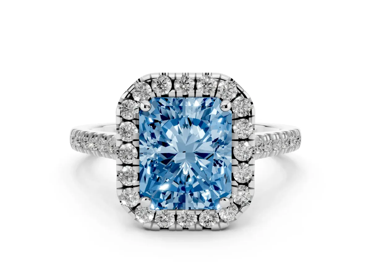 Fancy Blue Radiant Cut Diamond Cushion Halo Ring with Pavé Band Silver