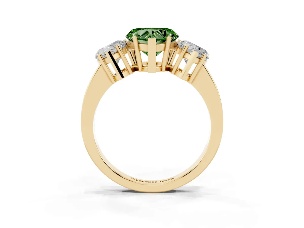 Fancy Green Three-Stone Heart Cut Cut Diamond Engagement Ring with Flat Band and Four-Prong Setting Yellow gold