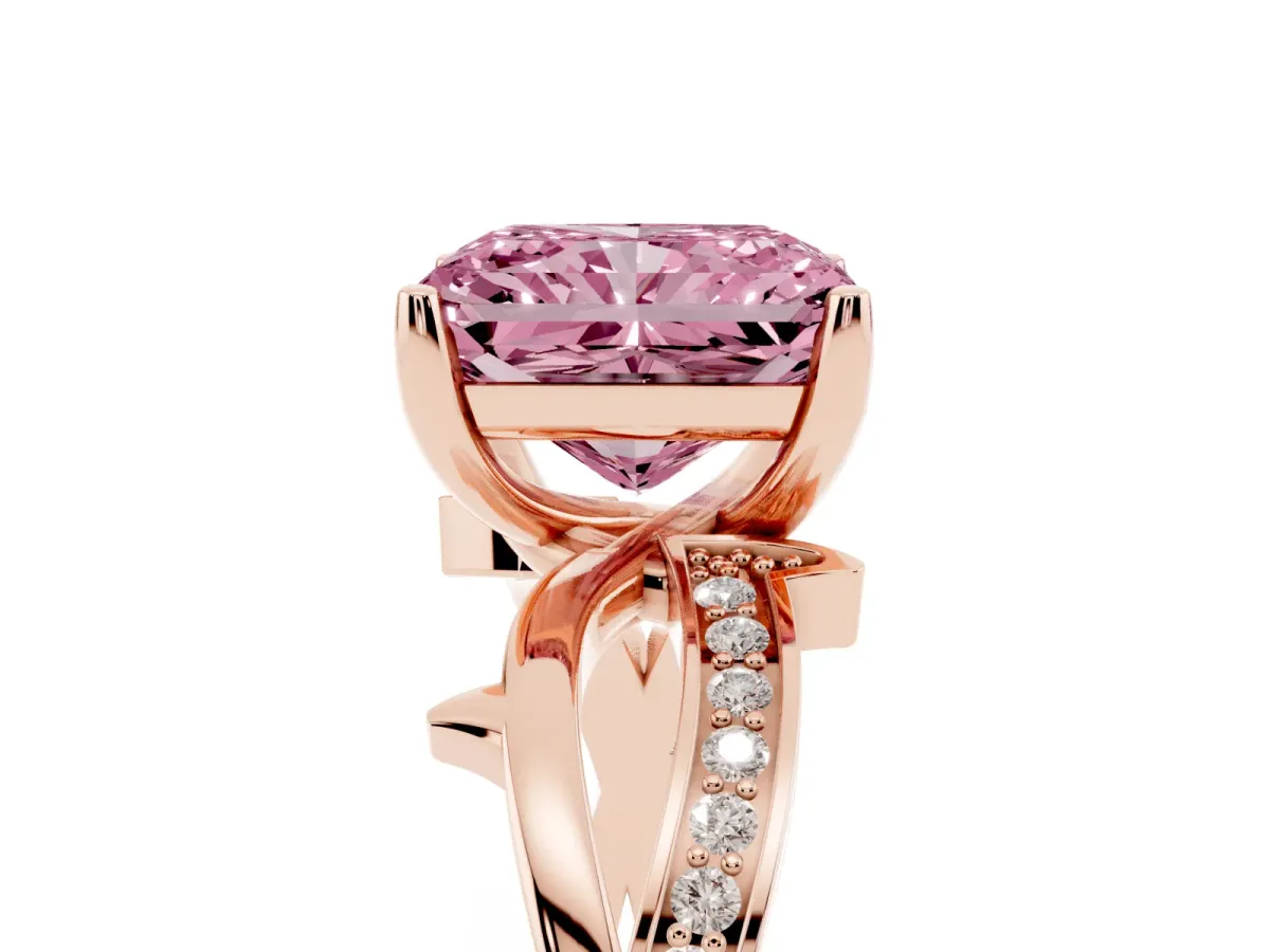 Fancy Pink Radiant Cut Solitaire Twist Band with Pavé Accents and Four-Prong Setting Rose gold