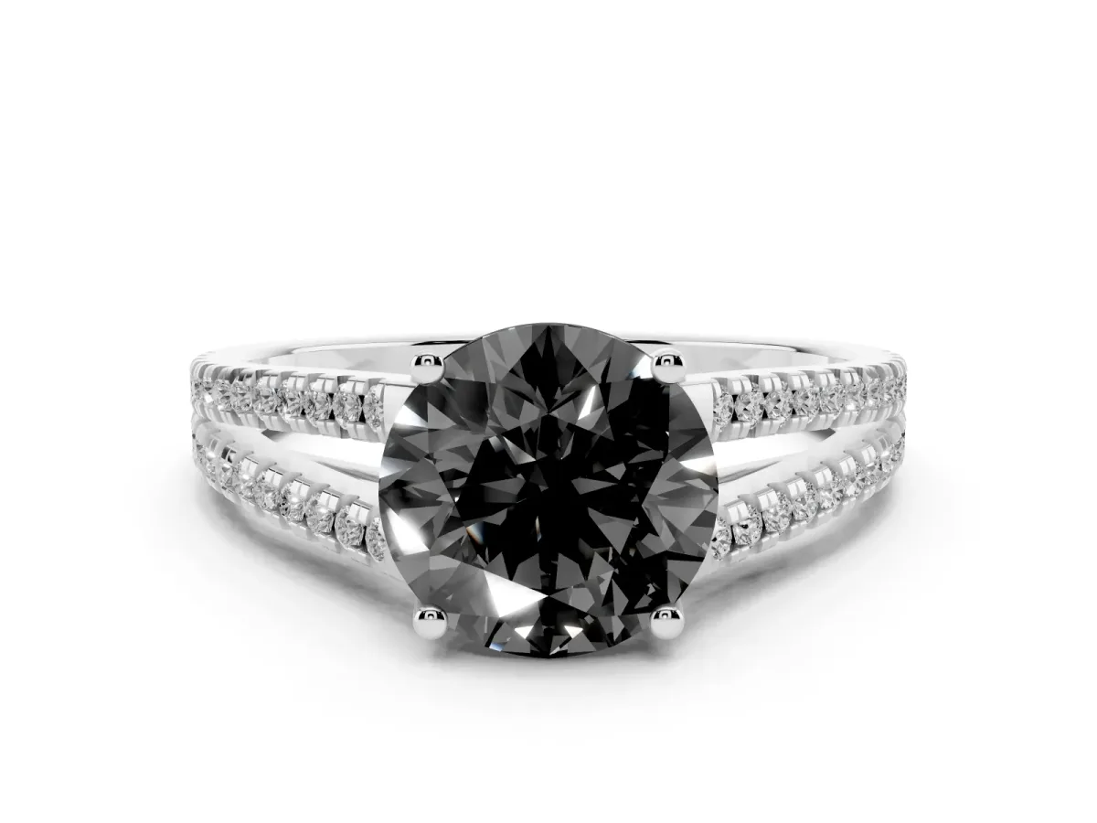 Fancy Black Round Cut Diamond Solitaire Engagement Ring with Split Shank Pavé Band Platinum