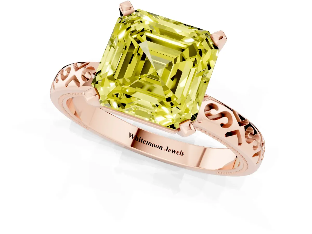 Fancy Yellow Asscher Cut Solitaire Engagement Ring with Scrollwork Band and Four-Prong Setting Rose gold