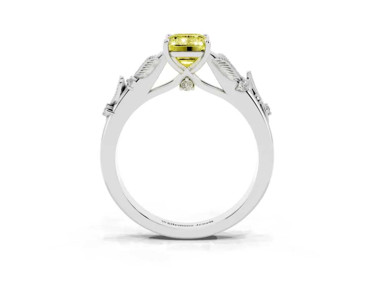 Fancy Yellow Emerald Cut Diamond Solitaire Ring with Leaf Motif Band and Four-Prong Setting Silver