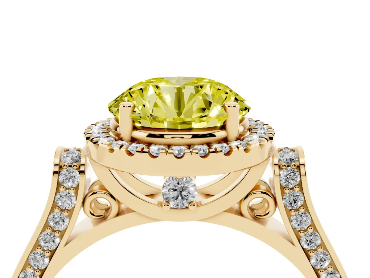 Fancy Yellow Round Cut Halo Round Diamond Twist Band with Four-Prong Setting Yellow gold