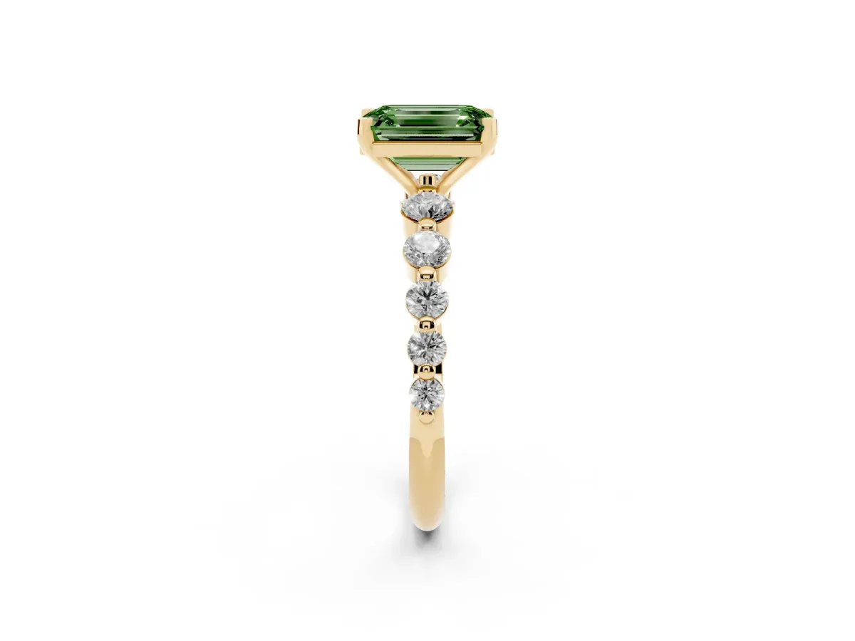 Fancy Green Emerald Cut Solitaire Diamond Ring with Pave Band and Four-Prong Setting Yellow gold