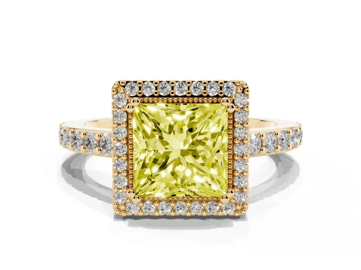 Fancy Yellow Princess Cut Cut Diamond Halo Engagement Ring with Milgrain Detail and Pavé Band Yellow gold