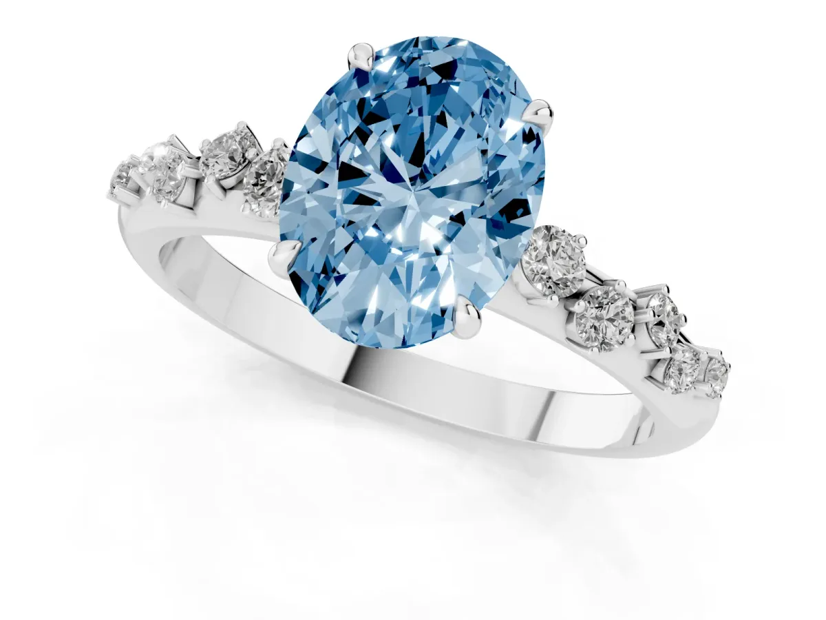 Fancy Blue Oval Cut Diamond Cluster Prong-Set Solitaire Ring Platinum