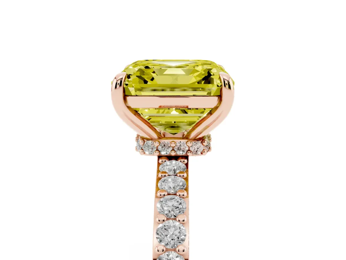 Fancy Yellow Asscher Cut Diamond Solitaire Engagement Ring with Pavé Band and Four-Prong Setting Rose gold