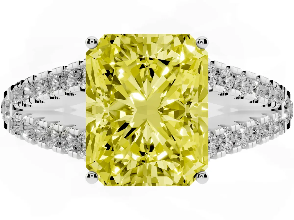 Fancy Yellow Radiant Cut Diamond Split Shank Pavé Engagement Ring with Four-Prong Setting Platinum