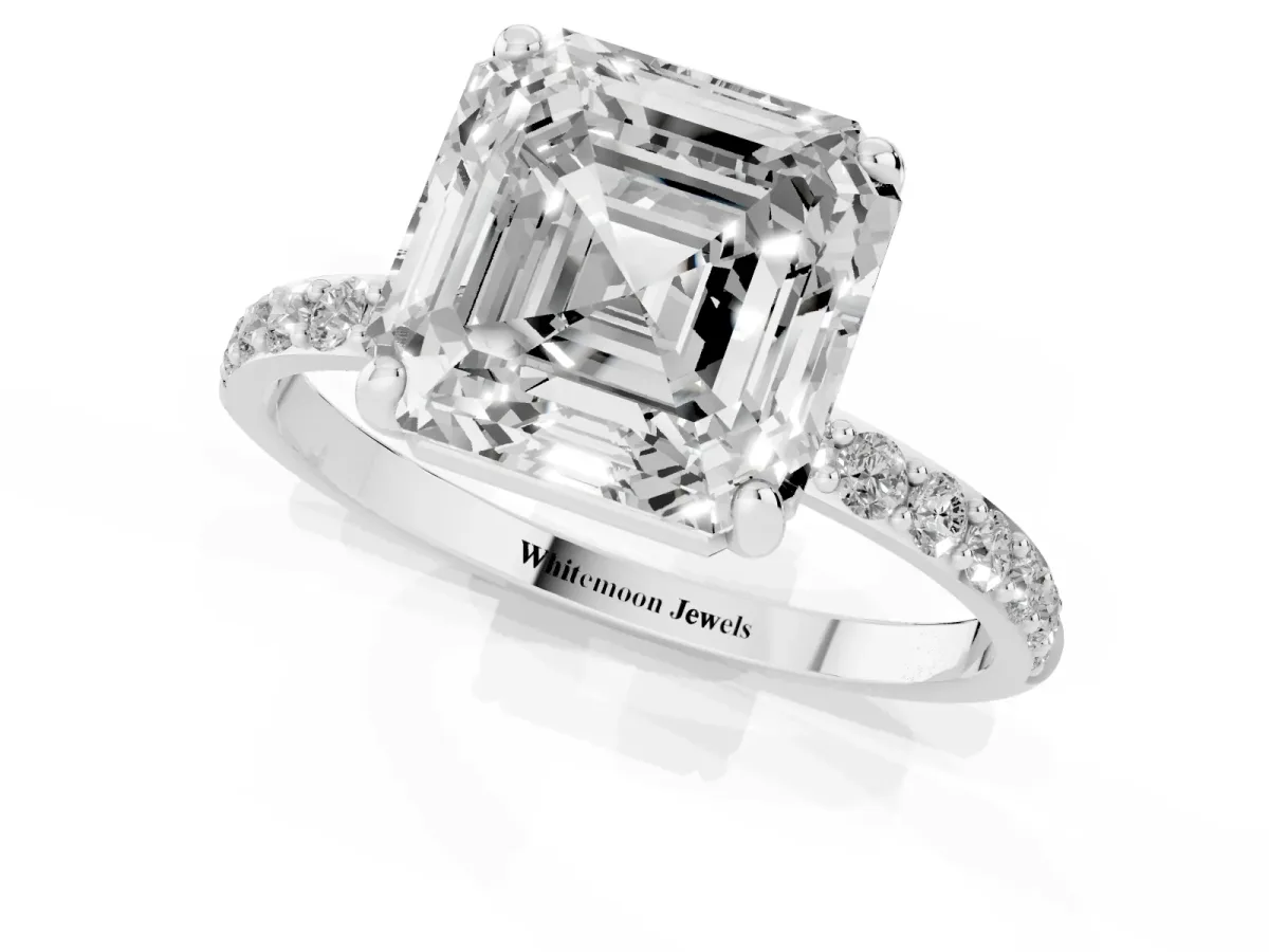 Asscher Cut Diamond Solitaire Ring with Round Pavé Band and Prong Setting Platinum