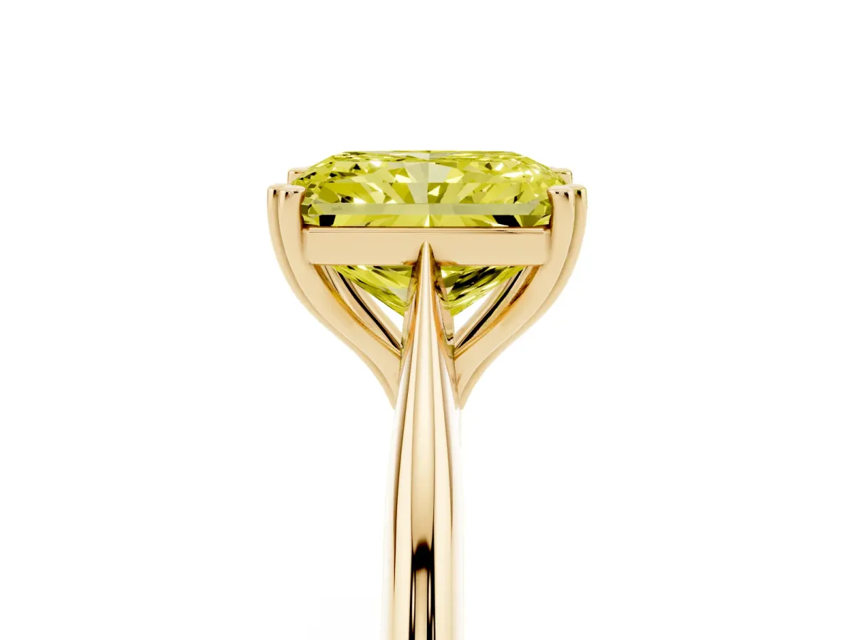Fancy Yellow Radiant Cut Solitaire Diamond Ring with Six-Prong Setting and Classic Band Yellow gold