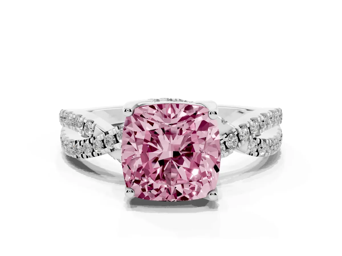 Fancy Pink Cushion Cut Solitaire Twist Pave Diamond Engagement Ring with Prong Setting Silver