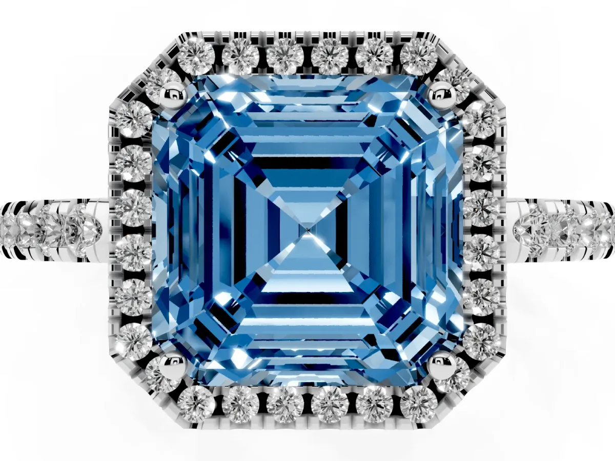 Fancy Blue Asscher Cut Halo Diamond Engagement Ring with Pavé Band and Four-Prong Setting Platinum
