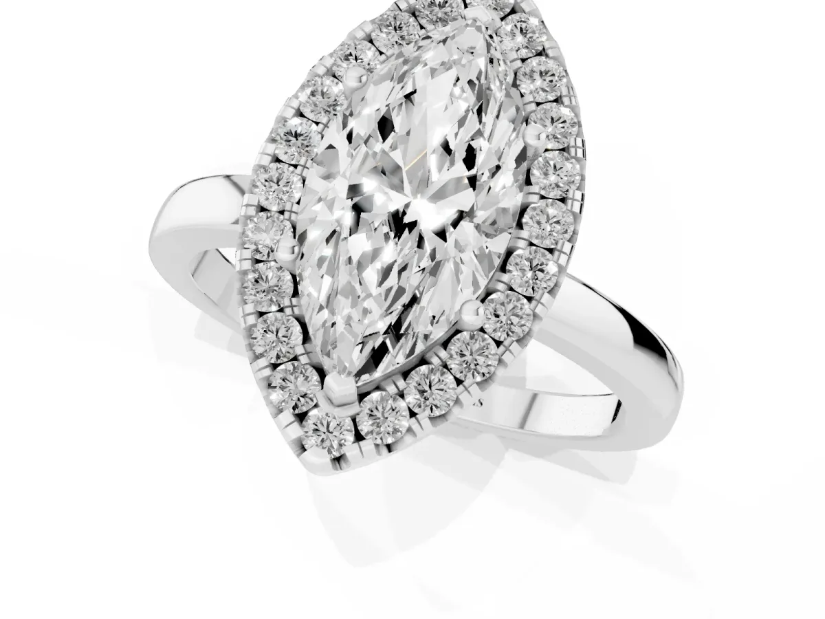 Marquise Cut Halo Diamond Solitaire with Pavé Band and Four-Prong Setting White gold