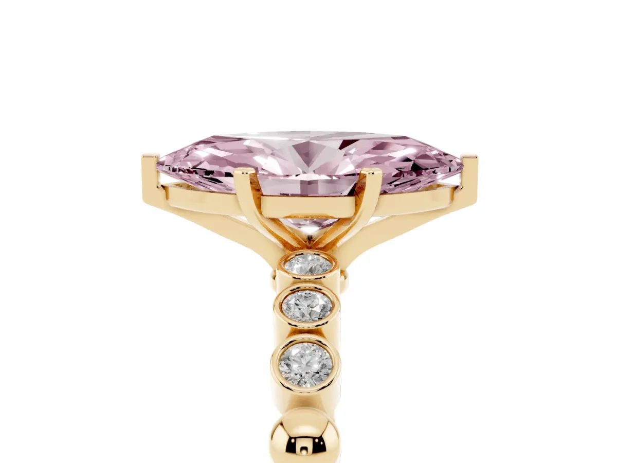 Fancy Pink Marquise Cut Solitaire Bezel Accent Diamond Engagement Ring with Beaded Band and Four-Prong Setting Yellow gold