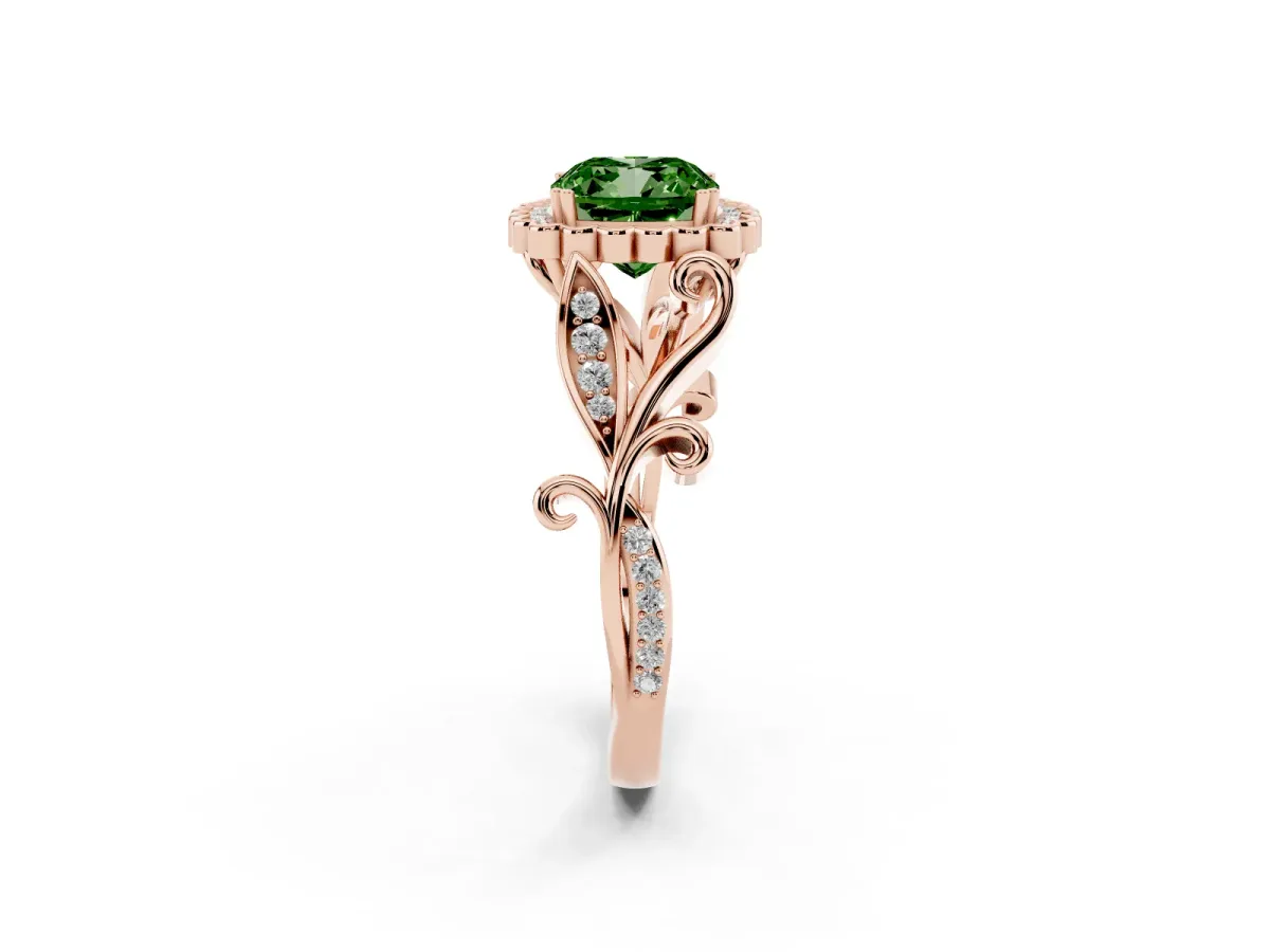 Fancy Green Cushion Cut Diamond Halo Ring with Vintage Split Shank and Four-Prong Setting Rose gold