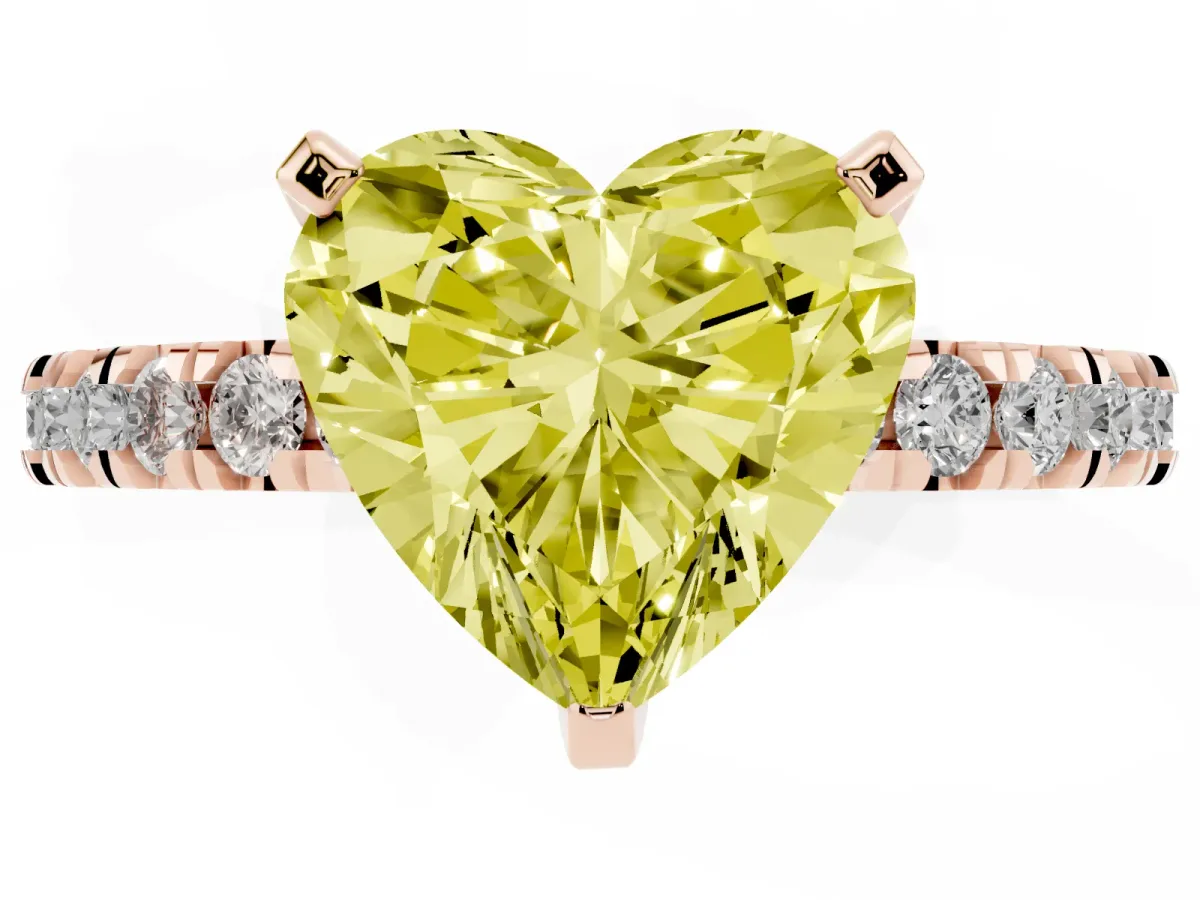 Fancy Yellow Heart Cut Diamond Pavé Band Solitaire with Four-Prong Setting Rose gold