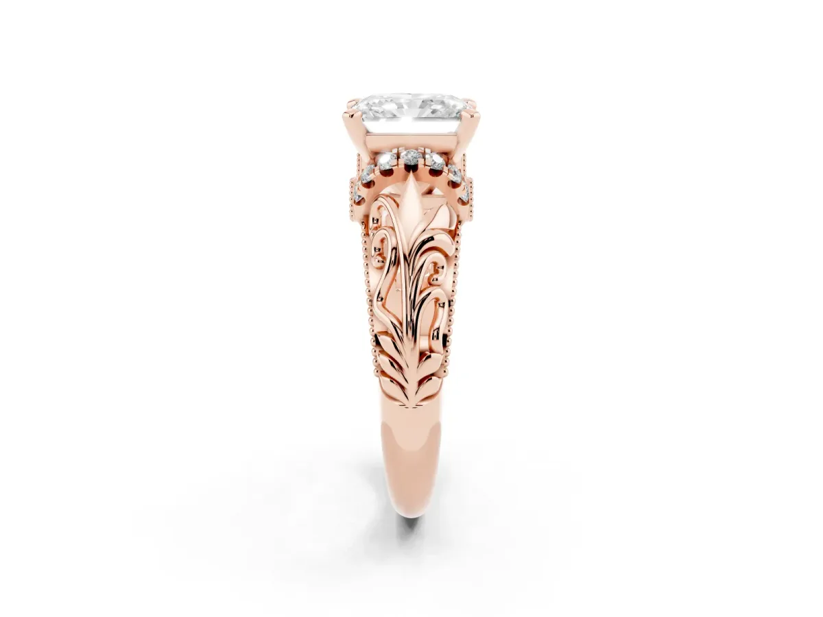 Radiant Cut Solitaire Filigree Engagement Ring with Halo and Prong Setting Rose gold