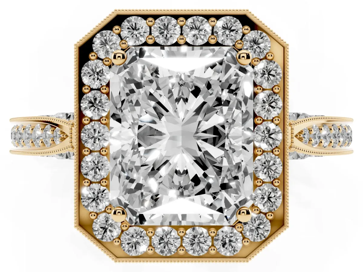 Radiant Cut Halo Diamond Engagement Ring with Split Shank Band and Four-Prong Setting Yellow gold