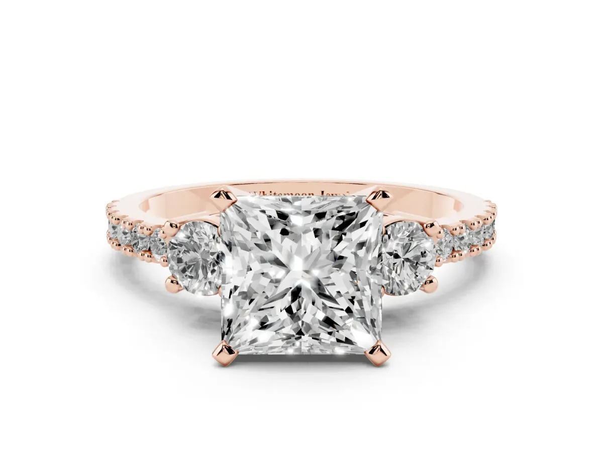Princess Cut Three-Stone Diamond Pavé Band with Prong Setting Rose gold