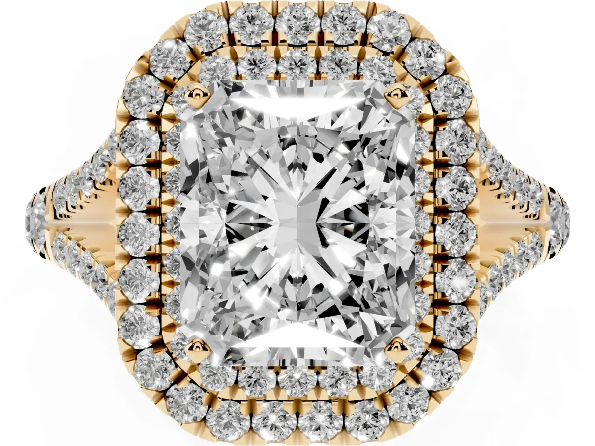 Radiant Cut Cut Double Halo Split Shank Diamond Ring with Prong Setting Yellow gold