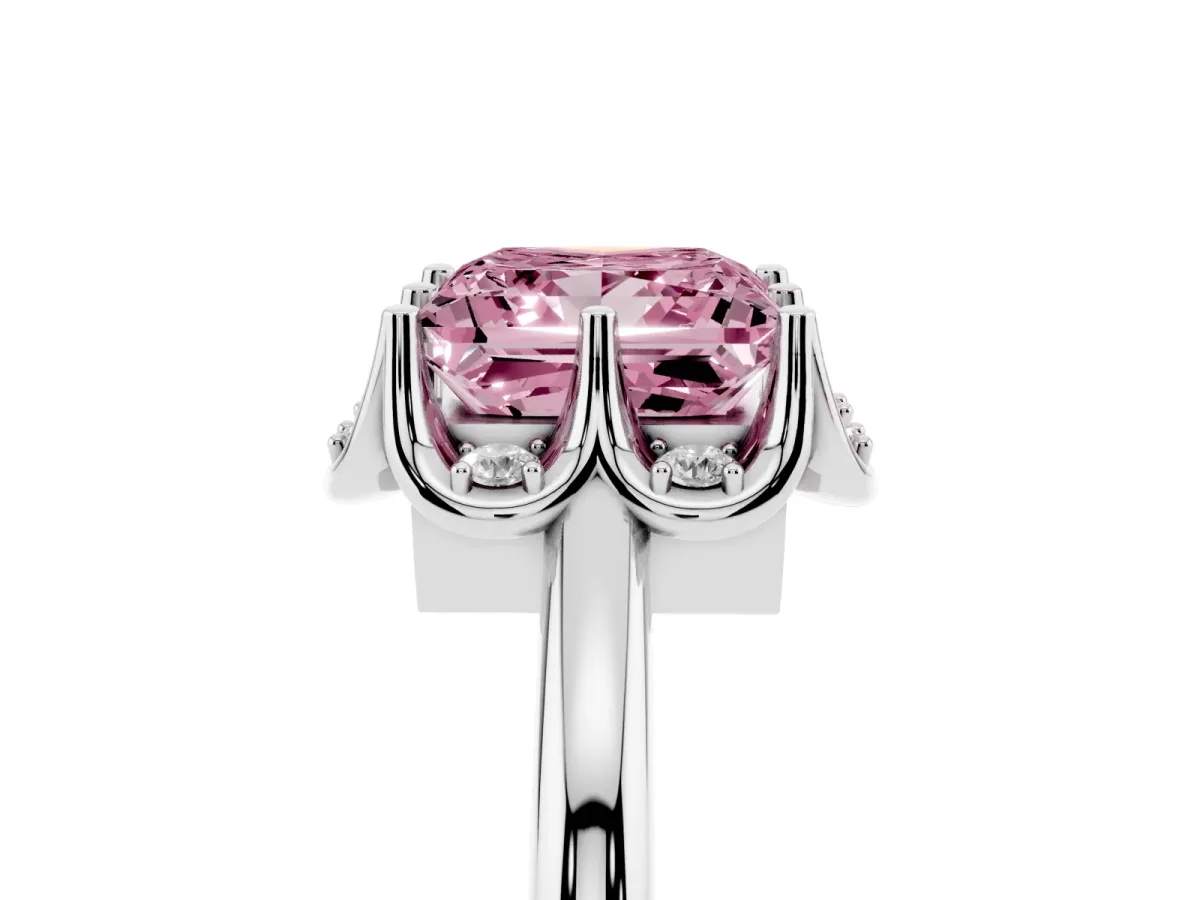Fancy Pink Princess Cut Halo Diamond Ring with Round Cluster Setting, Solitaire Band, and Four-Prong Setting Platinum