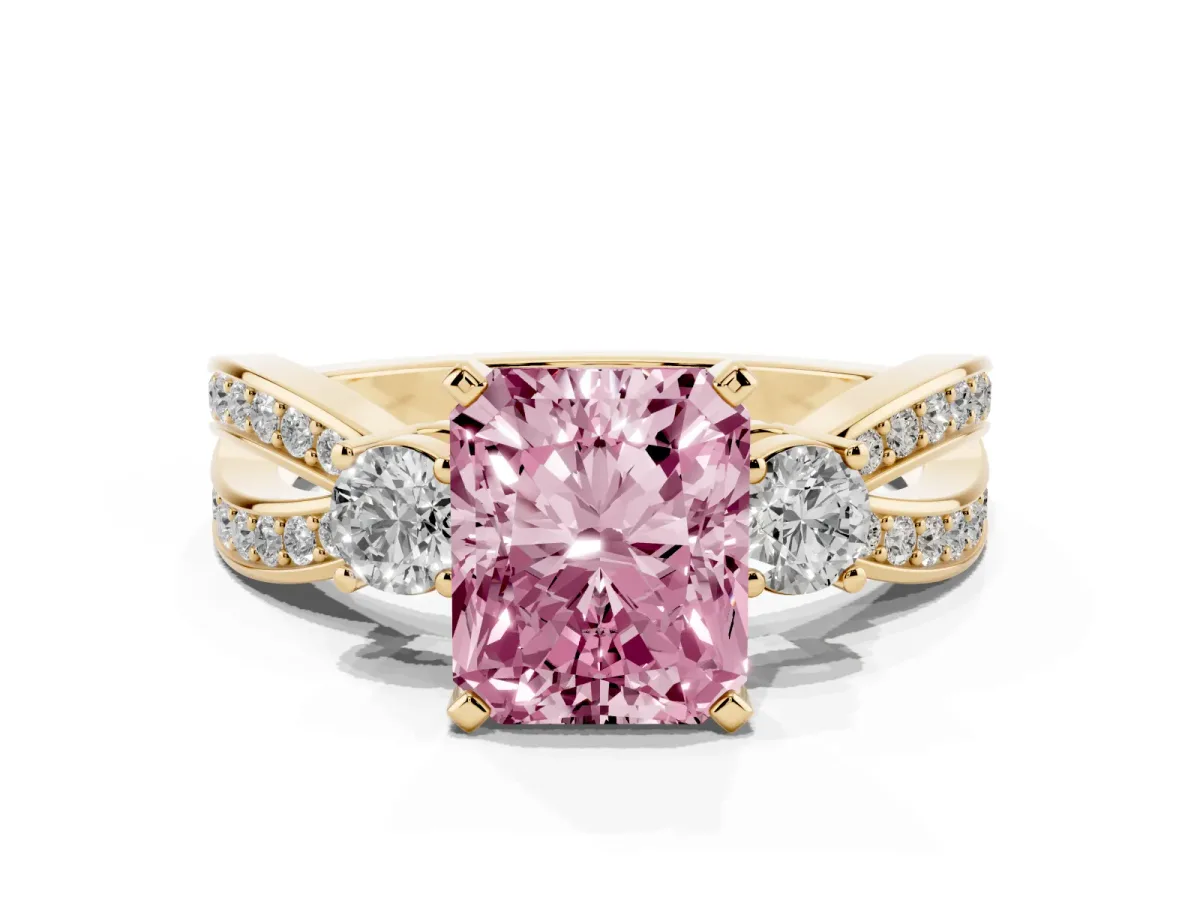 Fancy Pink Three-Stone Radiant Cut Cut Diamond Twist Band with Prong Setting Yellow gold