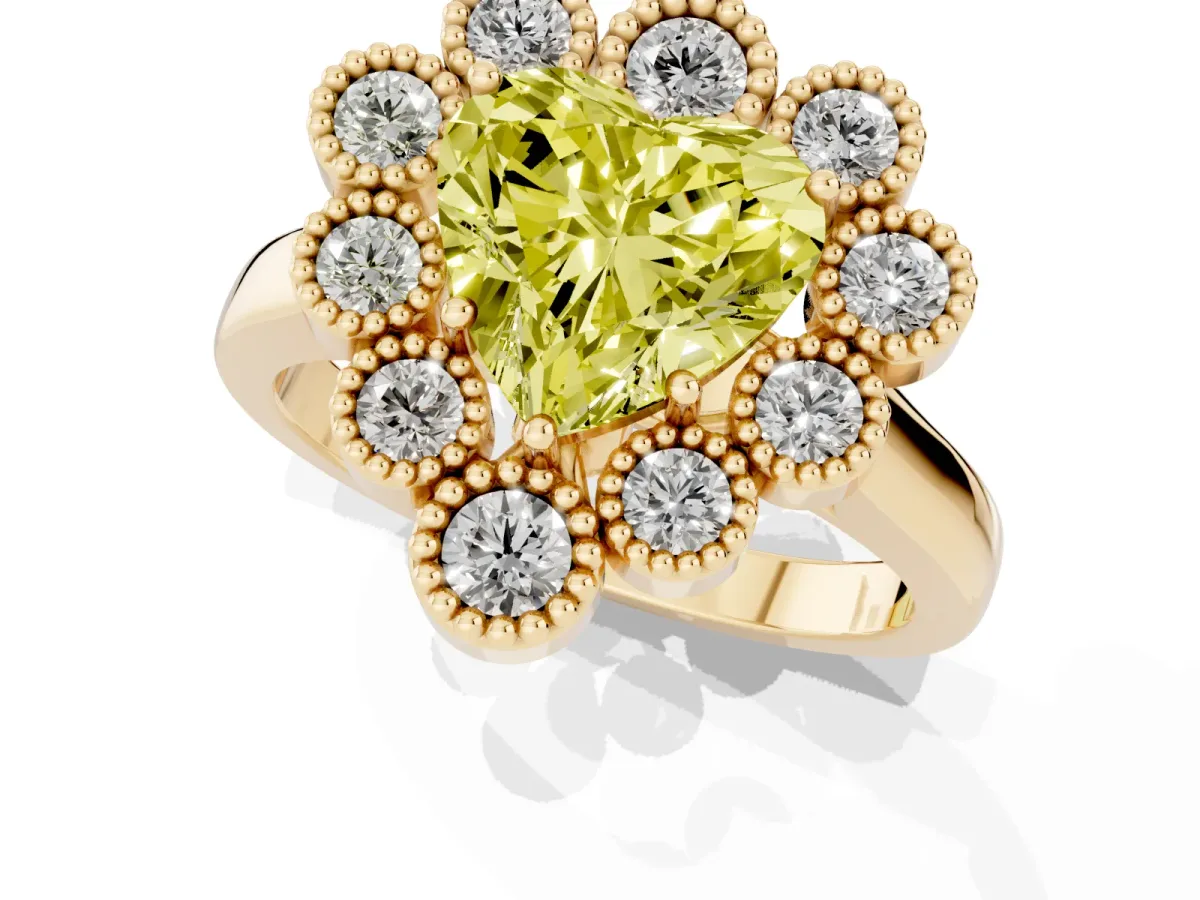 Fancy Yellow Heart Cut Halo Diamond Cluster Engagement Ring with Milgrain Bezel Setting and Solitaire Band Yellow gold
