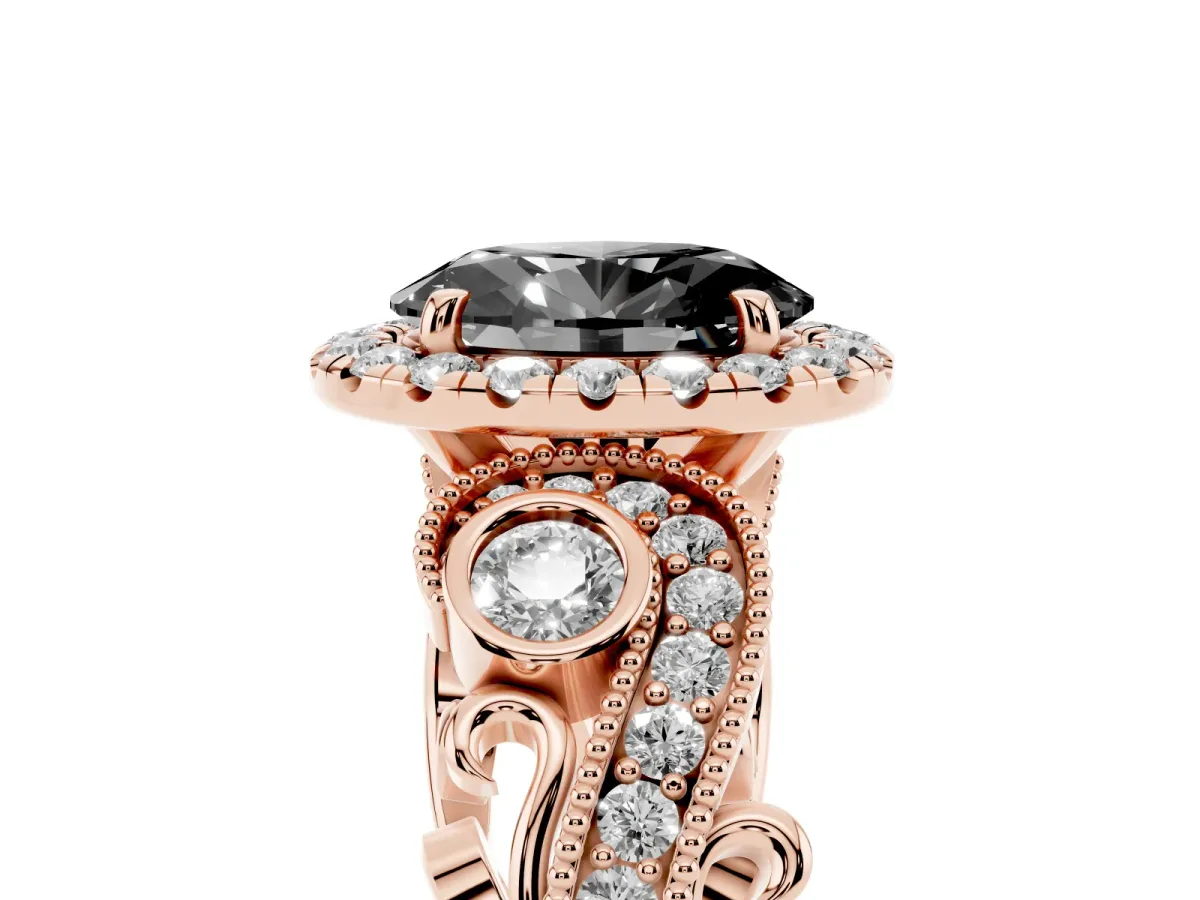 Fancy Black Oval Cut Halo Diamond Ring with Milgrain and Bezel Accents on a Split Shank Band Rose gold